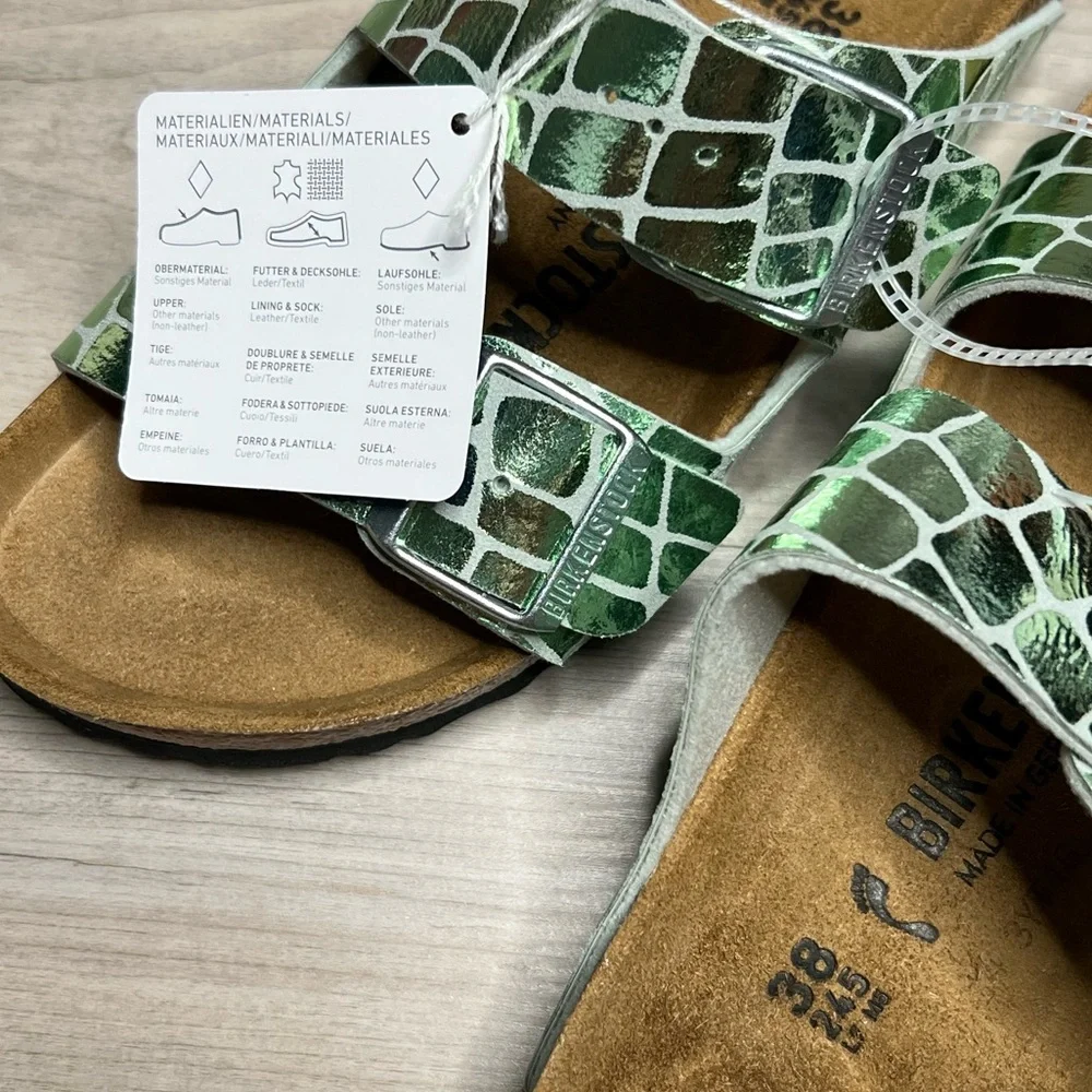 NWT Birkenstock Arizona Gator Gleam Green Silver Metallic Sandal, size 38/ US 7 - Picture 5 of 5